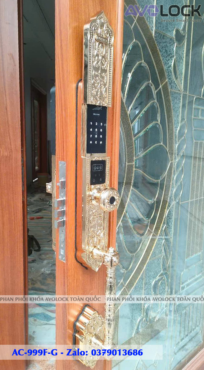 Khóa Avolock AC-999F-G lắp đặt thực tế trên cửa gỗ - góc nghiêng
