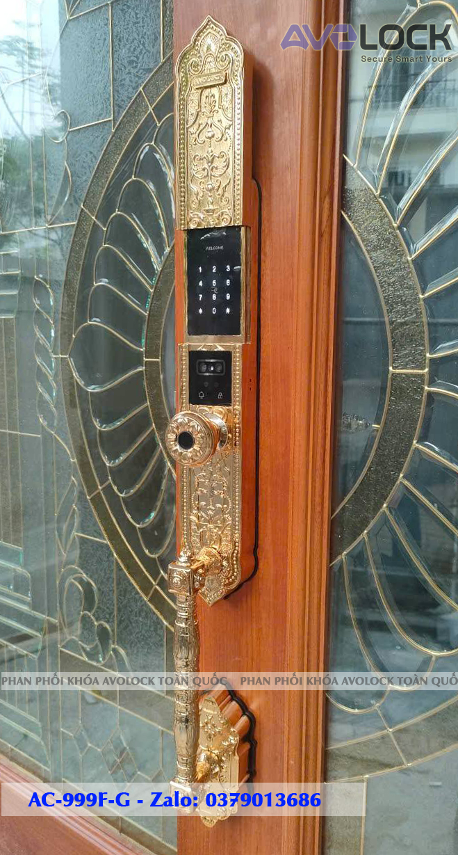 Khóa Avolock AC-999F-G lắp đặt thực tế trên cửa gỗ kính hoa văn