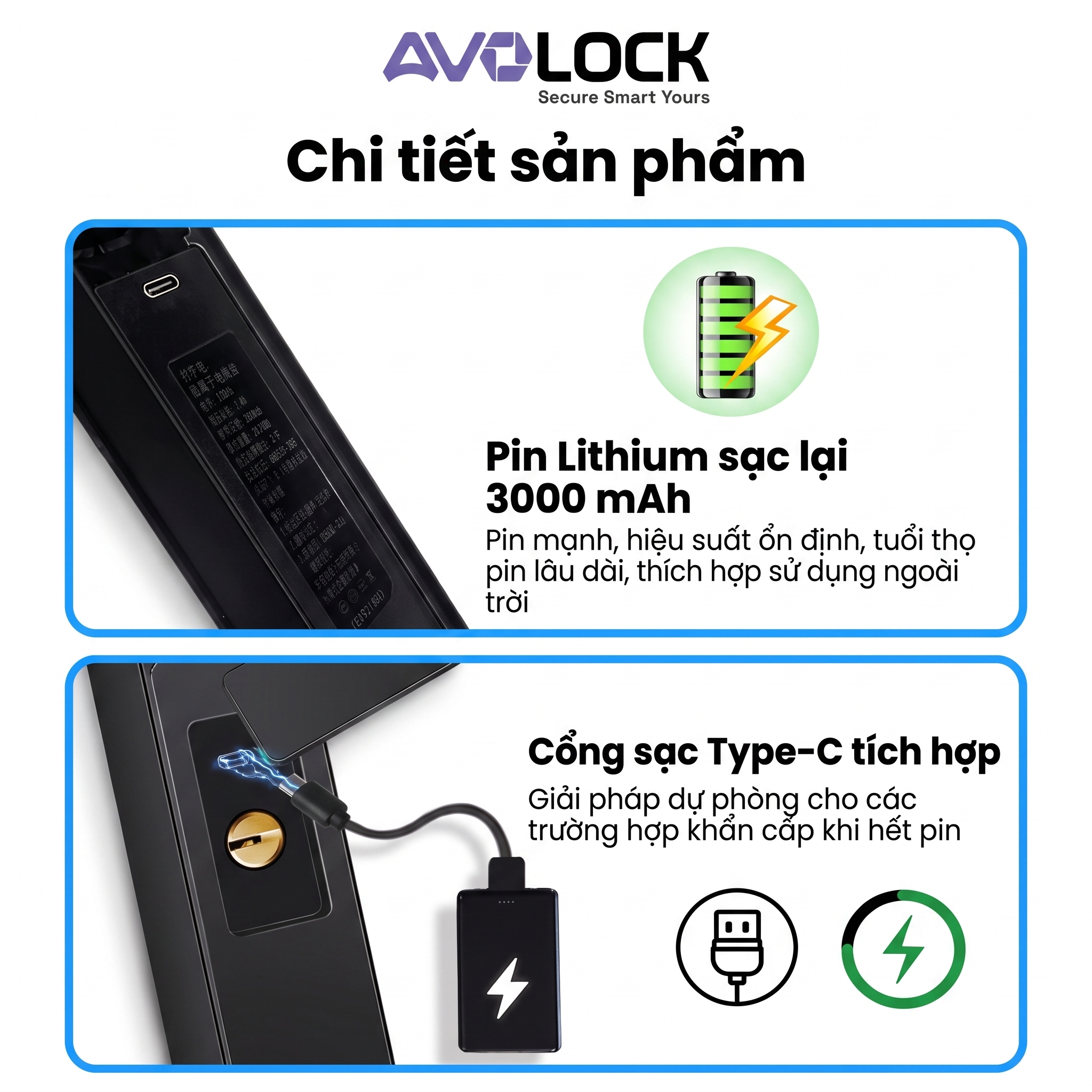 Pin Lithium 3000mAh sạc lại và cổng sạc Type-C khẩn cấp trên khóa vân tay chống nước Avolock AN668