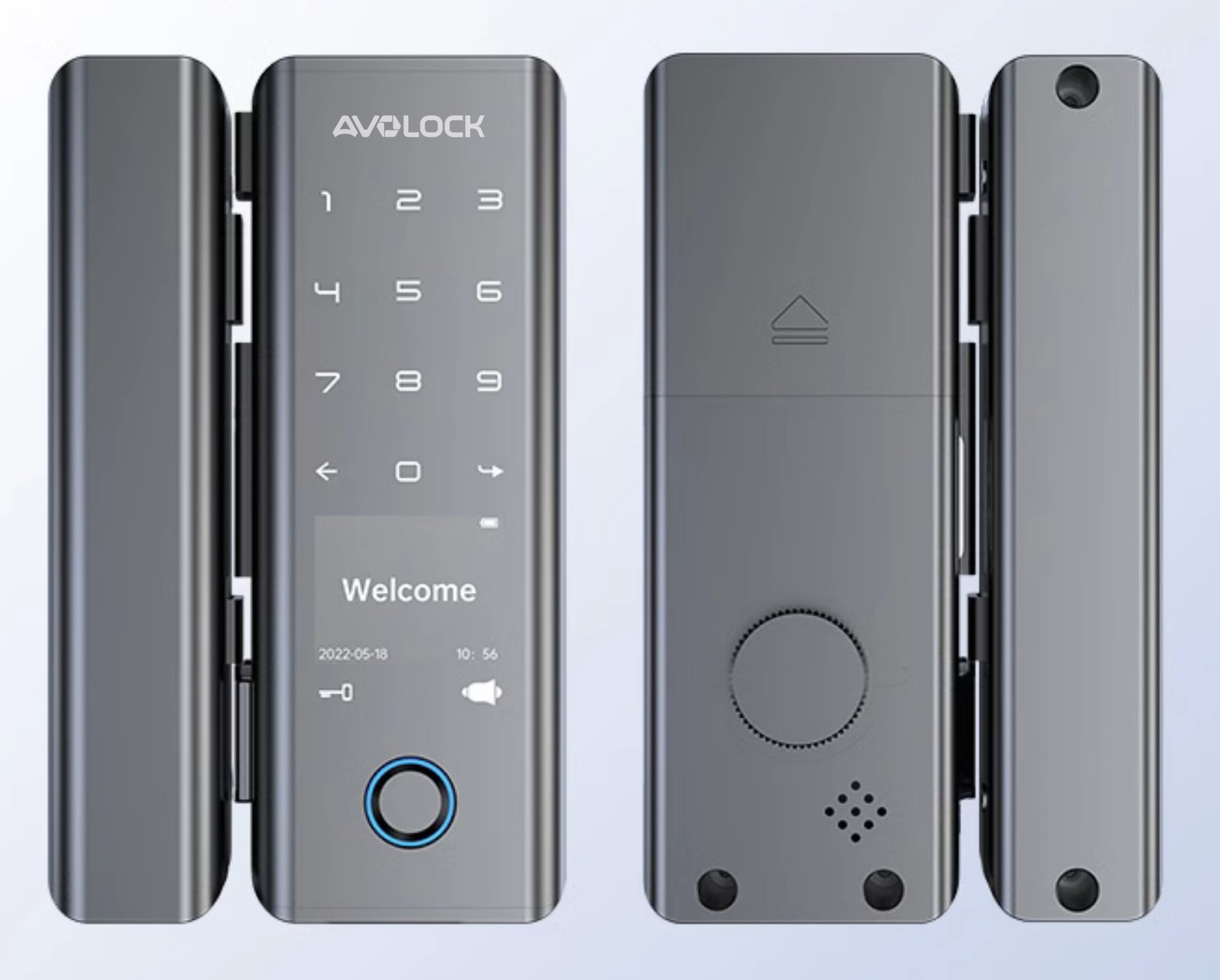 Khóa vân tay cửa kính Avolock AK26 mặt trước và mặt sau với cơ chế kẹp kính không khoan